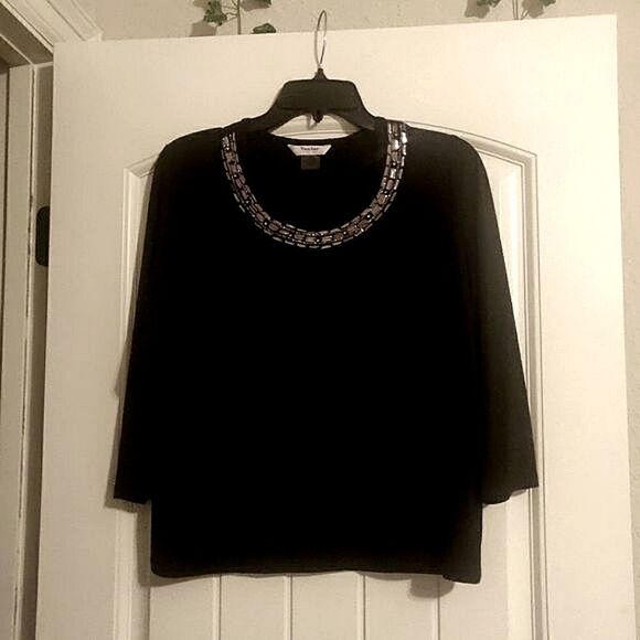 Tanjay Petite Women's Medium Long Sleeve Rhinestone Top, Polyester & Spandex - Picture 1 of 5